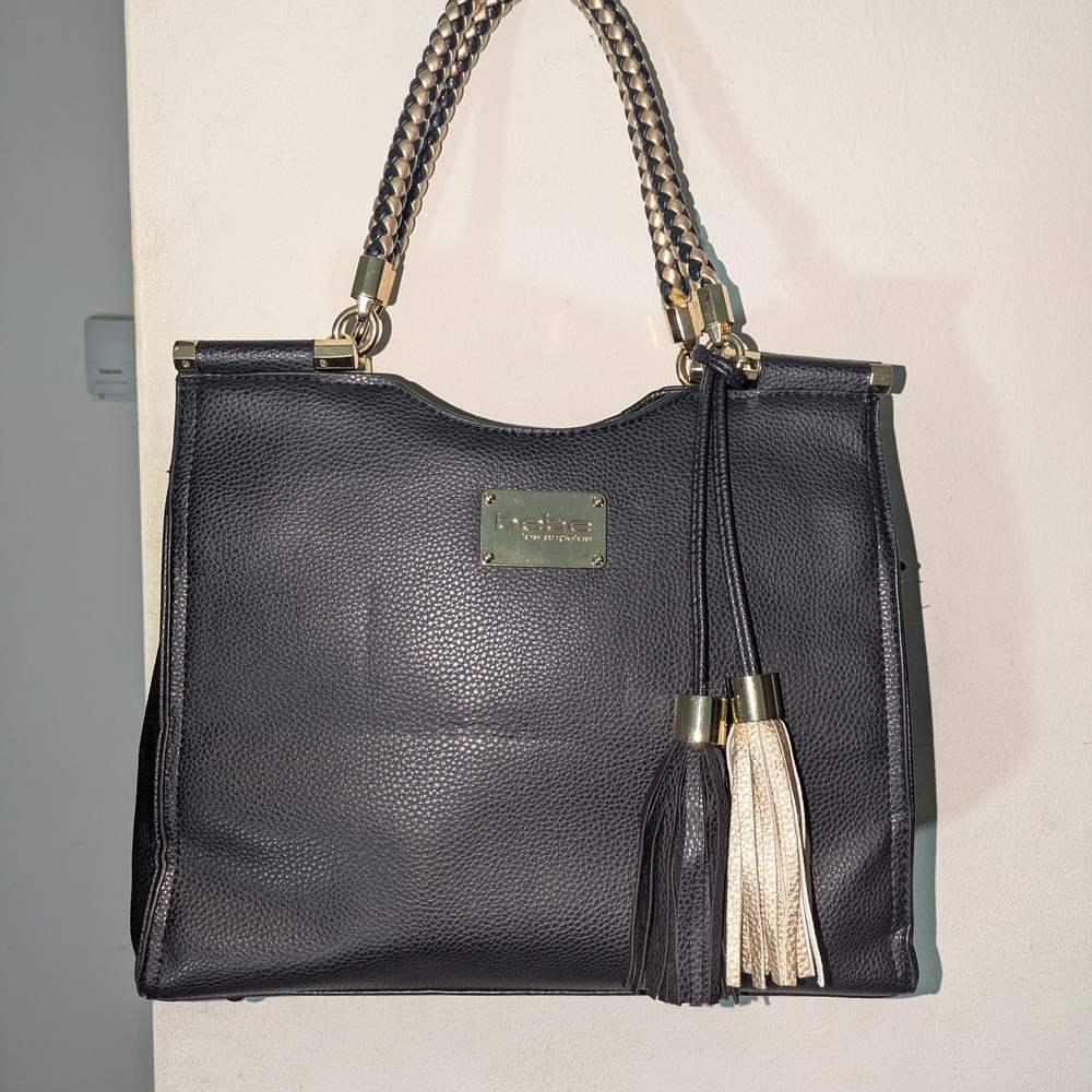 Black Leather Handbag with Gold Accents